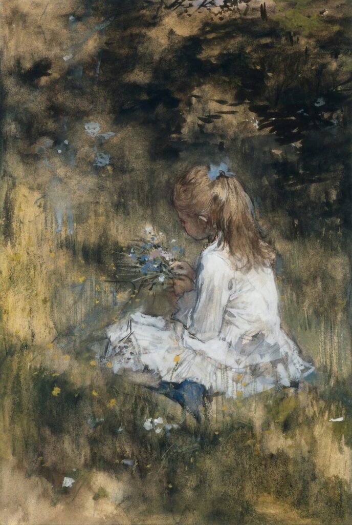 A child in a white dress sitting in a field holding wildflowers